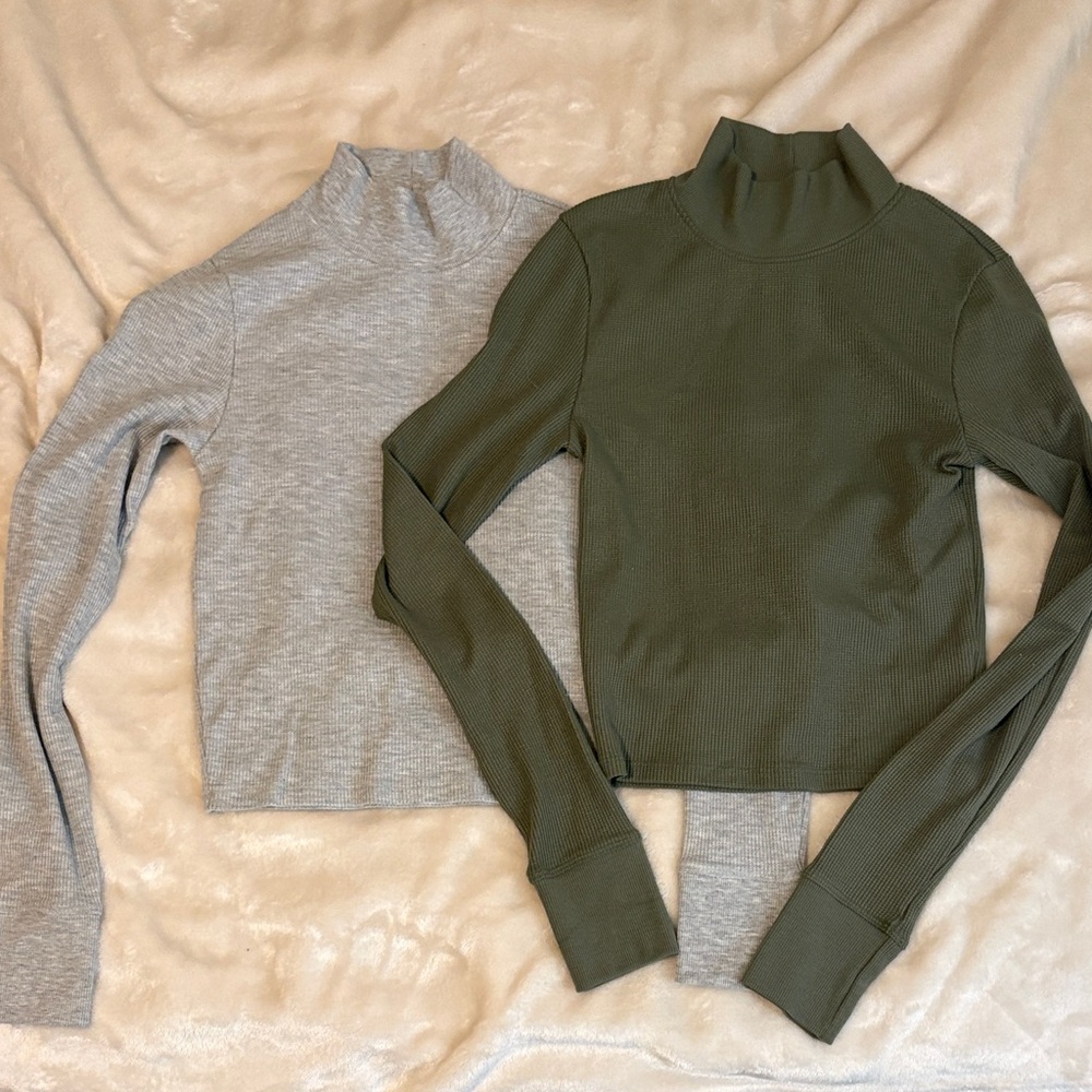 2 American Eagle Waffle Knit Mock Neck Sweaters - Olive and Light Gray